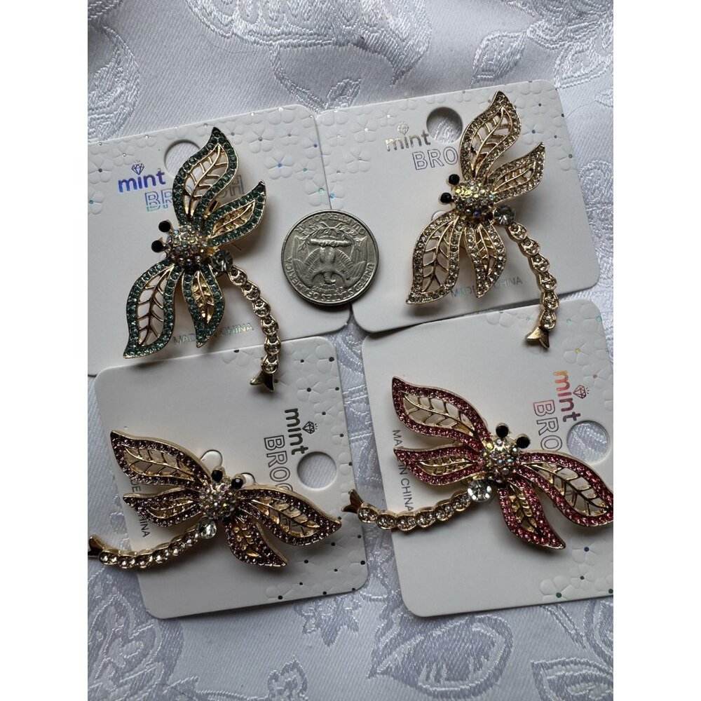 2.5" Dragonfly Rhinestone GoldTone Brooch Choose Color NEW